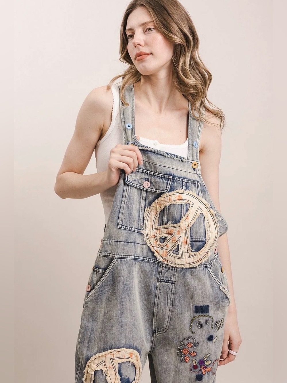 BLUEVELVET Peace Patchwork Embroidered Bib Overalls 🔥🌺RESTOCK🚨 - Picture 2 of 5